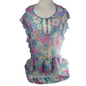 Jessica Simpson Floral Ruffle Sleeveless Keyhole Peplum Hem Sheer Top Size S